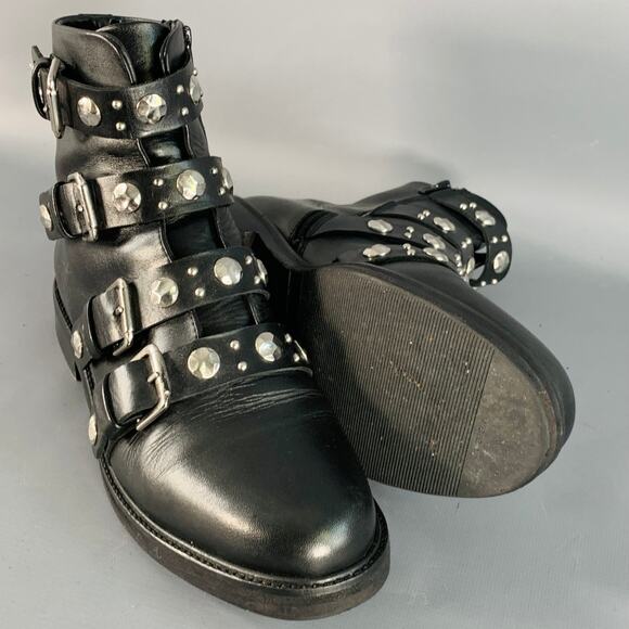 MAJE Size 9 Black Leather Studded Belted Side Zipper Military Ankle Boots - Picture 4 of 8